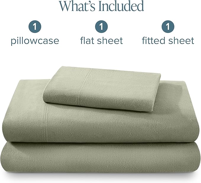 Bare Home Flannel Sheet Set 100% Cotton, Velvety Soft Heavyweight - Double Brushed Flannel - Deep Pocket (Twin, Sage)