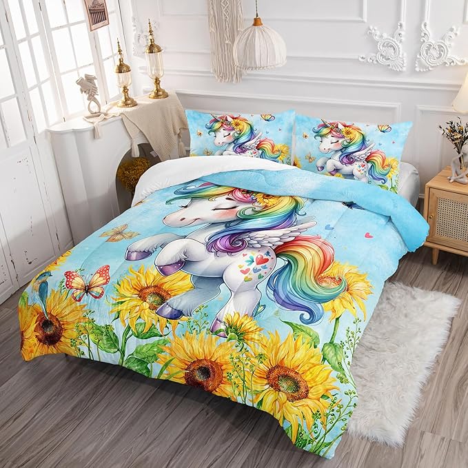 Cute Unicorn Comforter Set Full Size, Yellow Sunflower Unicorn Bedding Set 3pcs for Kids Girls, Soft Polyester Bedding