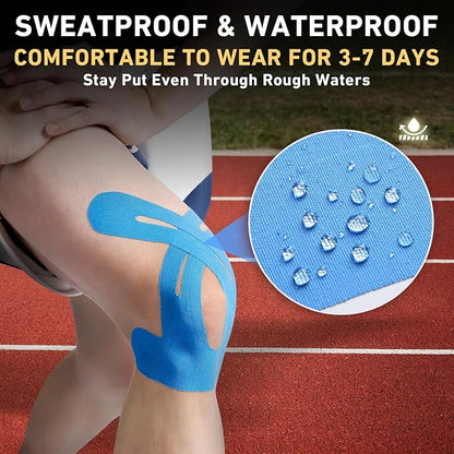 PreCut Kinesiology Tape for Knees, 24PCS Waterproof KTQUICK Knee Tape for Knee Pain Relief Pre Cut, Original Cotton Athletic Knee Tape, Waterproof & Hypoallergenic Latex-Free for Sports(Blue)