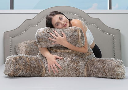 Husband Pillow XXL Ultra Rare Baby Chinchilla Backrest, Two-Tone Reversible Double Sided Fabulous Faux Fur Reading & Bed Rest Pillow with Arms & Neck Roll, Adjustable Memory Foam - Extremely Comfy