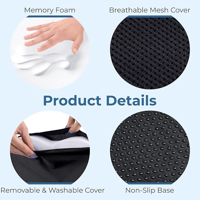 Seat Cushion for Office Chairs - Fits 18"x14" Seats, Tailbone, Coccyx Pain Relief - Butt, Pressure & Sciatica Relief - Gaming, Wheelchair, Car & Desk Pillow, Black