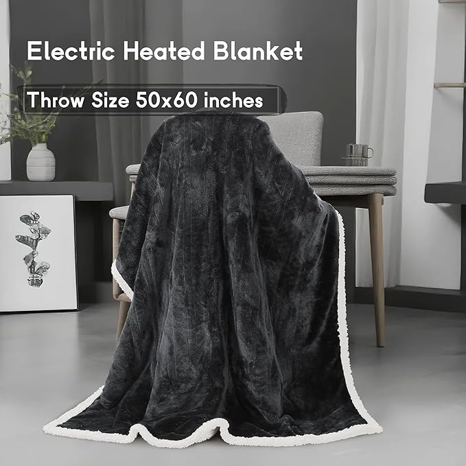 Heated Blanket Electric Throw 50''x60'', 3 Hour Auto Shut-Off 6 Heating Levels Small Warm Soft Flannel Electric Blanket Machine Washable - Dark Gray