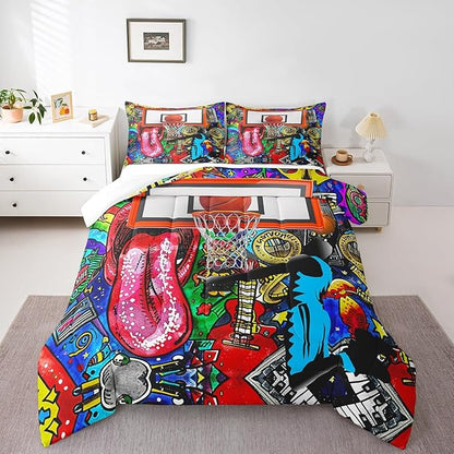 Castle Fairy 3D Basketball Comforter Set Sports Games Bedding Set for Kids Girls Women Adults Hippie Graffiti Comforter Cool Shooting Pose Quilted Duvet Set Bedroom Collection Twin Pink 2Pcs
