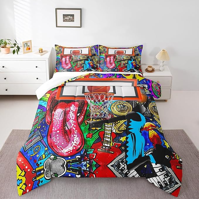 Castle Fairy Basketball Full Size Comforter Set Sports Gaming Bedding Set for Kids Adults Teens Colorful Graffiti Comforter Luxury Hip Hop Style Quilt Set Room Decor 3Pcs