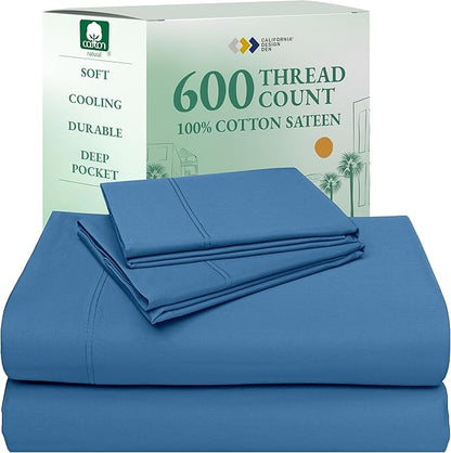California Design Den Natural 100% Cotton Bed Sheets Queen Size Set - Luxury 600 Thread Count Sateen, Durable Hotel Quality Fully Elasticized Deep Pocket Bedsheets Queen Size Bed - Parisian Blue