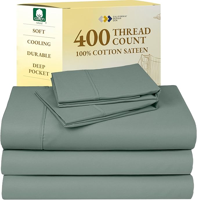 California Design Den Split King Sheets Sets for Adjustable Bed - Soft 400 Thread Count Sateen, Natural 100% Cotton Sheets with Deep Pockets, Breathable, and Durable Bedding Set - Sage Green