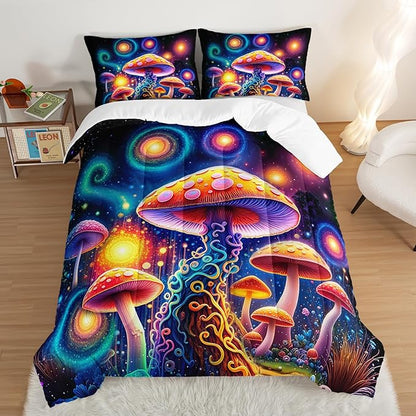 Kids Mushroom Comforter Set Queen Size,Colorful Flash Natural Wild Fungus Bedding Set for Kids Boys Girls Room Decor,Botanical Plants Bedding Sets with 2 Pillowcases.
