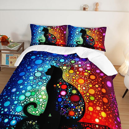 Black Cats Comforter King Bedding Sets for Girls,Colorful Abstract Dots Bed Set for Kids Boys Teens Toddler Room Decor,Bohemian Style Art Aesthetics Comforter Sets with 2 Pillowcases.