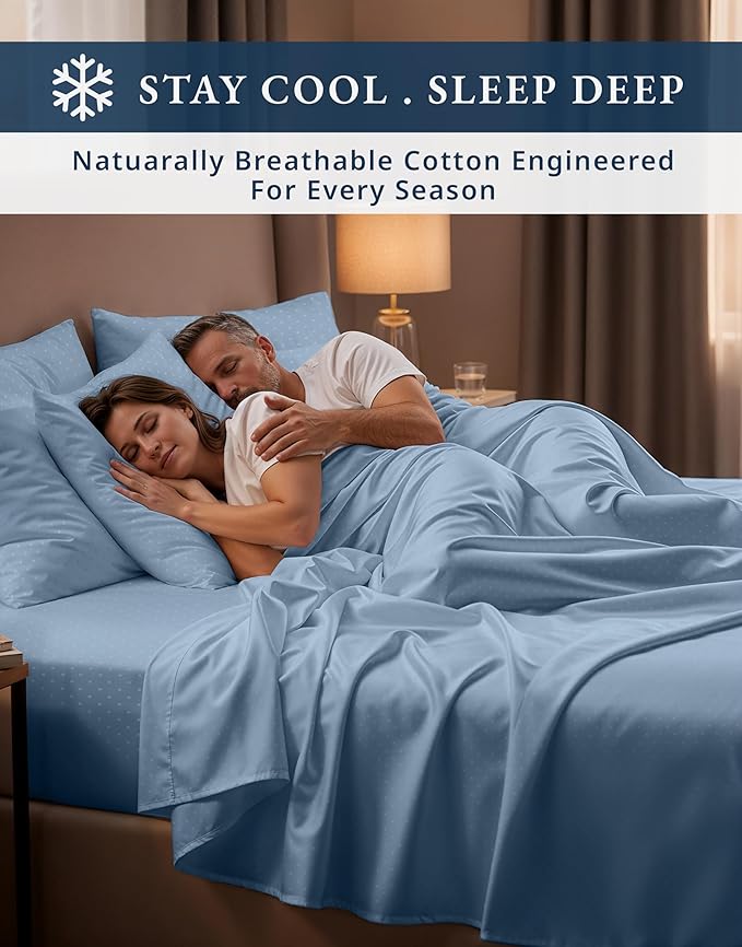 LANE LINEN 100% Egyptian Cotton Queen Sheet Set, Soft & Comfy Thick Fully Elasticized Mercerized Cotton Sheets Queen Size Set, No Pill Fade Resistant Elegant Swiss Dot - French Blue