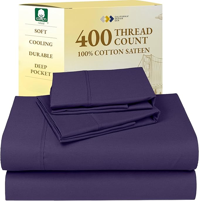California Design Den Full Size Bed Sheets Set - Soft 400 Thread Count Sateen, Natural 100% Cotton Sheets with Deep Pockets, Breathable, and Durable Bedding Set - Purple