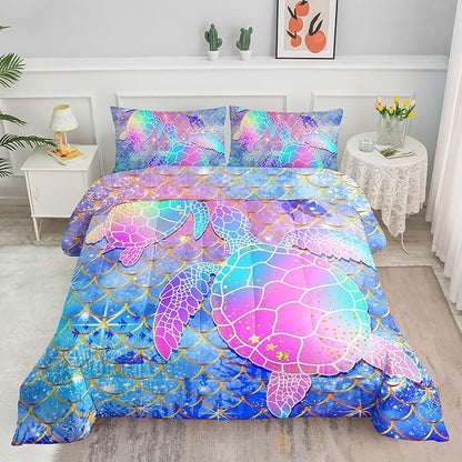 Kids Comforter Set Watercolor Turtle Scales Printed Pattern Bedding Set with 1 Comforter and 2 Pillowcases for Girls Boys Bedroom All Season(Watercolor Turtle Scales Twin)