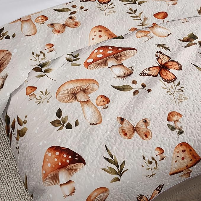 Mushroom Bedding Quilt Set for Kids Teens and Adults Room Decor,Natural Wild Fungus Plant Pattern Bedding King Size,Soft and Breathable Summer Quilts with 2 Pillowcases.
