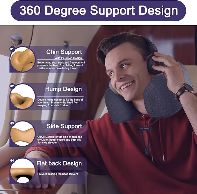napfun Neck Pillow for Traveling, Upgraded Travel Neck Pillow for Airplane 100% Pure Memory Foam Travel Pillow for Flight Headrest Sleep, Portable Plane Accessories, Simple Sets (Optional), Full Black