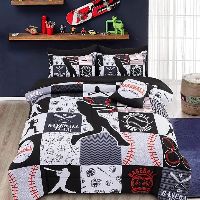 A Nice Night Sports Geometric Grid Black Patchwork Baseball Printed for Boys Full 6Pcs Bed in A Bag Comforter Bedding Set,Black