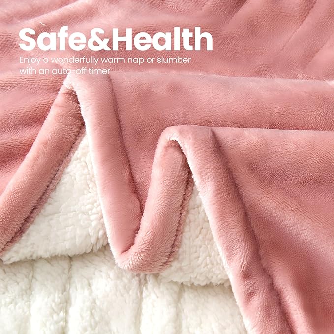 Electric Heated Blanket, Flannel & Sherpa Fast Heating Soft Fleece Heated Queen Blanket 84"x90" with 6 Heating Levels & 10H Auto Off-Pink