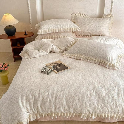 BuLuTu French Cottage Pink Floral Duvet Cover Full, Lace Bedding Set for Teens Girls Ruffled Duvet Cover, Soft Breathable Muslin Cotton Comforter Cover with Zipper Closure, 4 Ties