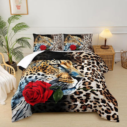 Red Rose and Leopard Comforter Set Queen for Boys,Brown Wild Animal Theme Bedding Set,3D Cheetah Quilt Set,Flowers Leopard Print Comforter Safari Animals Bed Set Bedroom Decor