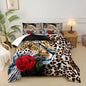 Red Rose and Leopard Comforter Set Queen for Boys,Brown Wild Animal Theme Bedding Set,3D Cheetah Quilt Set,Flowers Leopard Print Comforter Safari Animals Bed Set Bedroom Decor