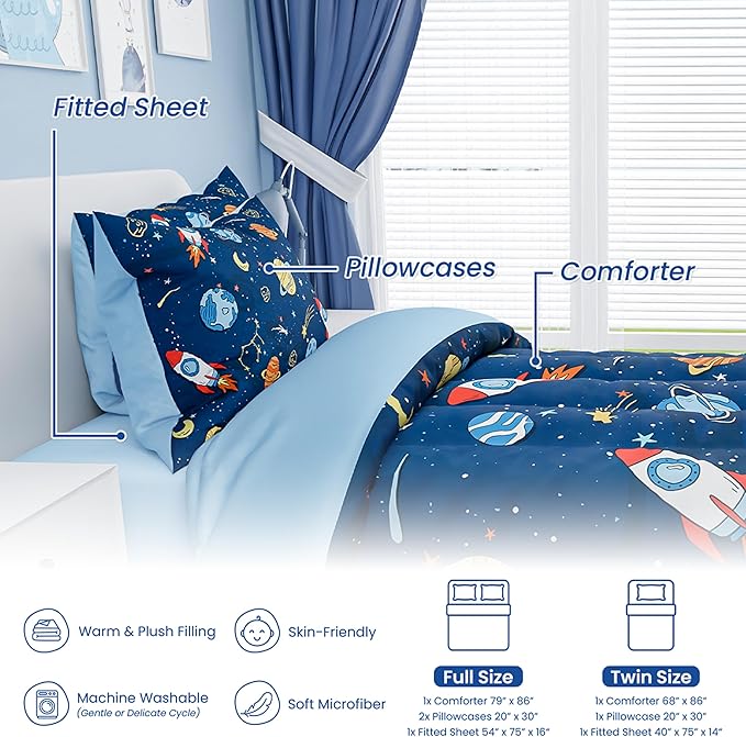 SANDJEST Outer Space Comforter Set Twin Size 68x86in for Kids Boys, Microfiber 3 Pcs Bedding Set Includes 1 Comforter, 1 Pillowcase, 1 Fitted Sheet, Nursery Room Decor