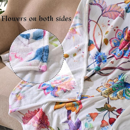 Floral Throw Blanket Birthday Gift for Women Mom Girls Peacock Flowers Blanket Summer Wildflower Flannel Blanket Watercolor Printed Throw for Couch Sofa Bed Chair 60"x80"