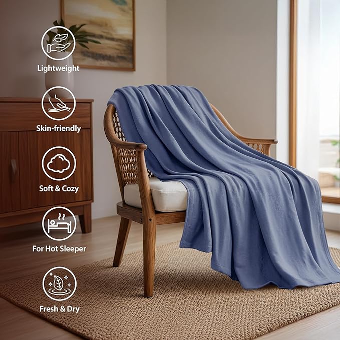 Queen Size Blanket, 70% Rayon (Derived from Bamboo) and 30% Cotton, Lightweight Jacquard Weave, Breathable and Soft Summer Blanket for Bed or Couch, 90” x 90”, Navy