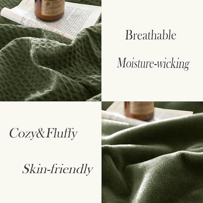 CHUFFED Cotton Waffle Blanket Queen Size - Plush Milk Velvet & Reversible Waffle Weave,Anti-Static 500Gsm Design，Thick Cozy Soft Winter Blanket for Bed, Couch, Sofa - Olive Green, 90x90 Inches