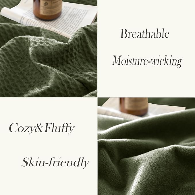 CHUFFED Cotton Waffle Blanket King Size-Plush Milk Velvet & Reversible Waffle Weave,Anti-Static 500Gsm Design，Thick Cozy Soft Winter Blanket for Bed, Couch, Sofa - Olive Green, 104x90 Inches