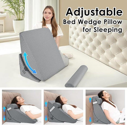 Bed Wedge Pillow for Sleeping, 3PCS Wedge Pillow Set for After Surgery, Adjustable 7 &12 inch Pillow Wedges for Acid Reflux Relief, Back Pain Relief, Sleep Apnea, Sitting Up, Headboard (Grey)