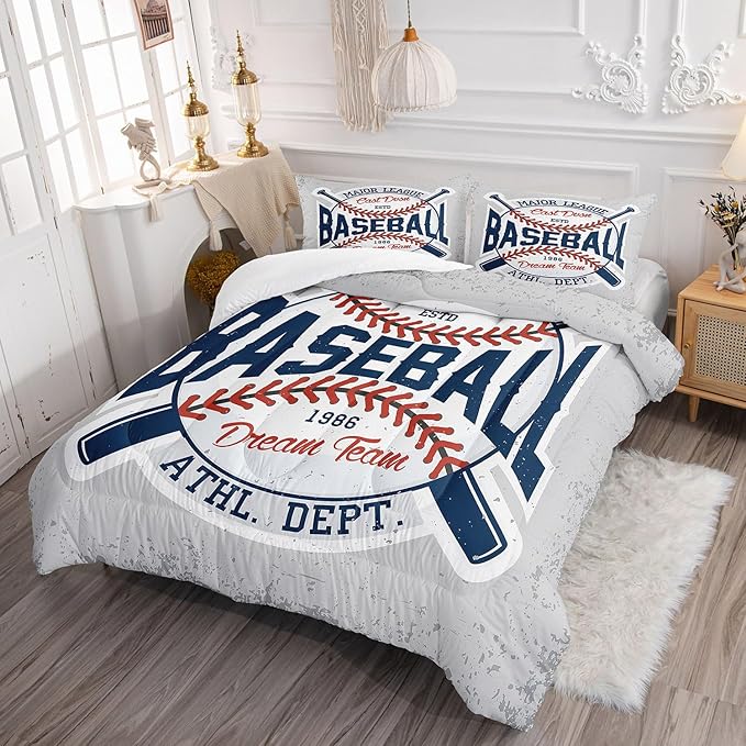Vintage Sports Baseball Comforter Set 3D Baseballs Printed Bedding Set with 1 Comforter and 2 Pillowcases for Boys and Girls Bedroom All Season(Baseball Queen)