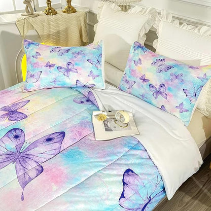 CVHOUSE Butterfly Queen Comforter Set for Girls Teens - 3 Pcs 1 Comforter and 2 Pillowcases with Butterfly Bedspread, Duvet and Quilt