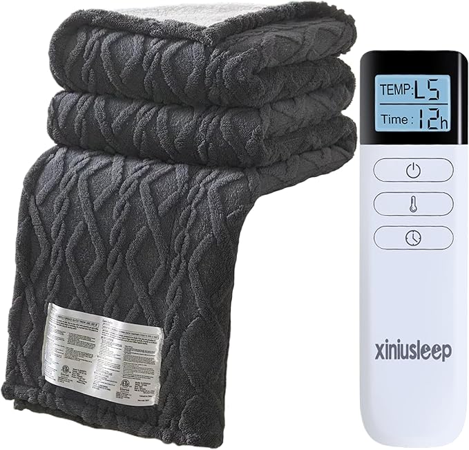 Heated Blanket Electric Blanket 50"x60", Soft Taffeta Sherpa Electric Throw with 5 Heating Level & 1-12 Hour Auto Off, Heated Throw with Overheating Protection, Machine Washable (Dark Grey)