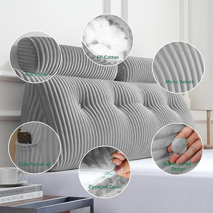 Z-hom Large Wedge Pillow Headboard, Twin Triangular Headboard Pillow, Reading Pillow Bed with a Roll Pillow for Bed Sitting Up Sleeping, Backrest Cushion Headboard Gap Pillow for Back, Light Gray