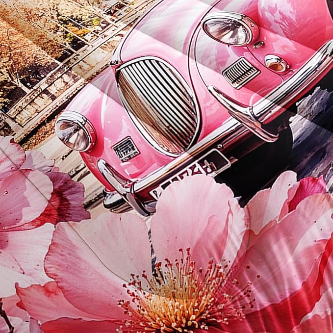 France Paris Eiffel Tower Comforter 3Pcs Full Pink Car Peach Blossom Bedding Set for Kid Teen Girl Boy Adult Aesthetic Cherry Flowers Floral Quilt Bed Decor with 1 Comforter and 2 Pillowcases