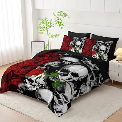 Black Skull Comforter Set 7 Piece King Size Bed in A Bag,Goth Bedding for Room Decor,Soft Western Comforter Boho Hippie Bedding with Fitted Sheet,Flat Sheet, Pillowcases & Shams