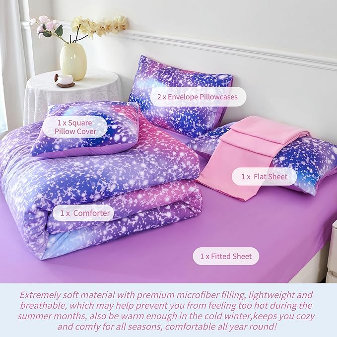 RYNGHIPY 6Pcs Girls Bedding Set Twin Size Purple Rainbow Comforter Set for Kids Teens Girls Glitter Bed in a Bag Lightweight Fluffy