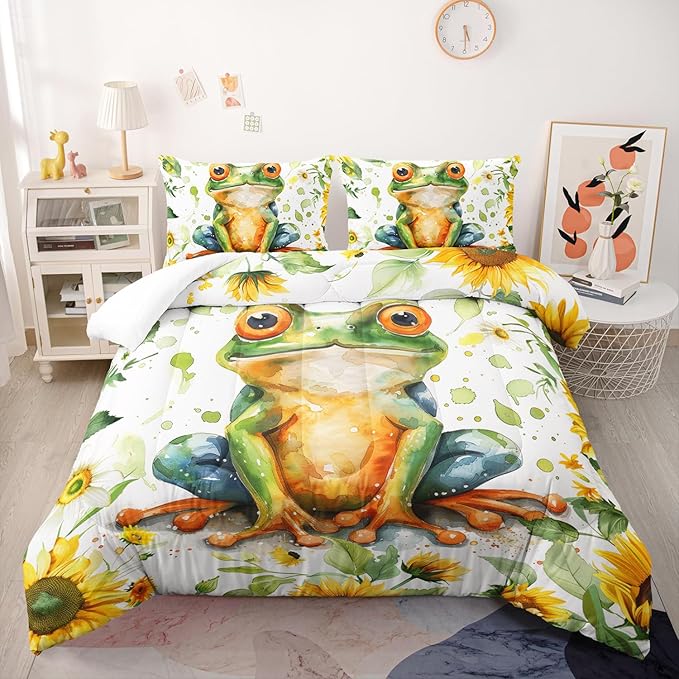 Cartoon Green Wild Frog Comforter 3Pcs Yellow Sunflower Bedding Full Tropical Amphibian Animal Quilt Set for Kid Teen Girl Boy Adult Botanical Leaf Bed Decor with 1 Comforter and 2 Pillowcases