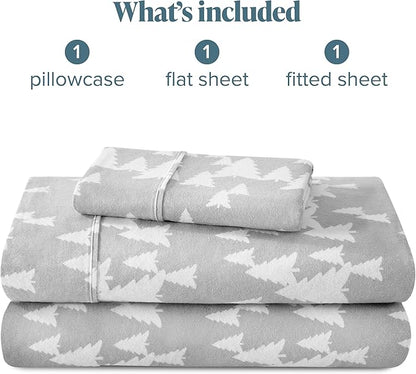 Bare Home Flannel Sheet Set Prints, 100% Cotton, Velvety Soft Heavyweight - Christmas Sheets - Double Brushed Flannel for Extra Softness & Comfort - Deep Pocket - Holiday Sheets (Twin, Winter Trees)
