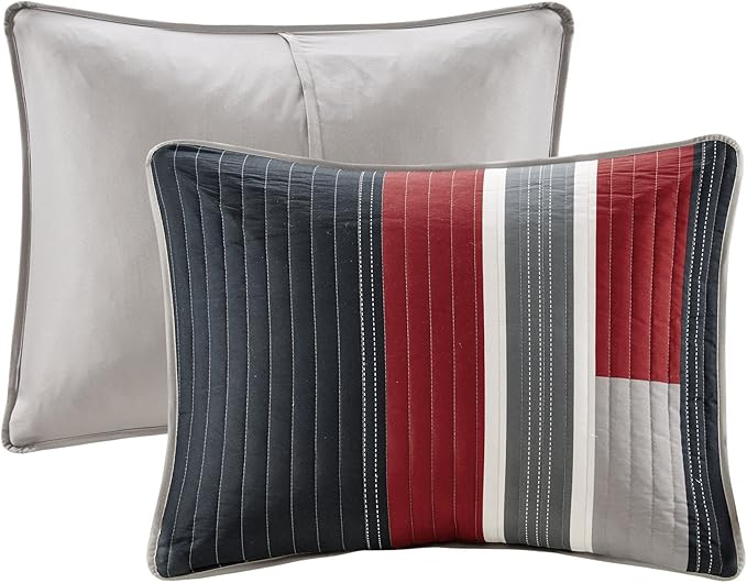 Comfort Spaces CS14-0864 3 Piece Quilt Coverlet Bedspread All Season Lightweight Hypoallergenic Pipeline Colorblock Kids Bedding Set, Full/Queen, Pierre Black/Red Stripe