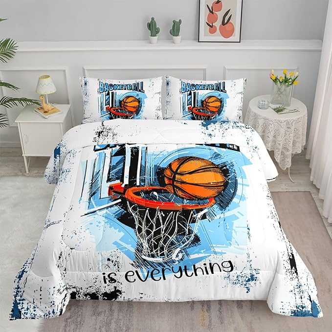 Basketball Comforter Set Ball Sports Cartoon Printed Bedding Set with 1 Comforter and 2 Pillowcases for Boys and Girls Bedroom All Season(Basketball-3 Twin)