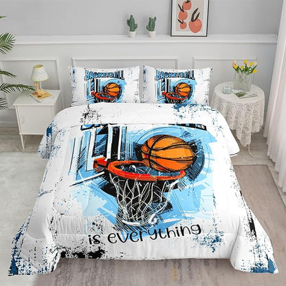 Basketball Comforter Set Ball Sports Cartoon Printed Bedding Set with 1 Comforter and 2 Pillowcases for Boys and Girls Bedroom All Season(Basketball-3 Queen)