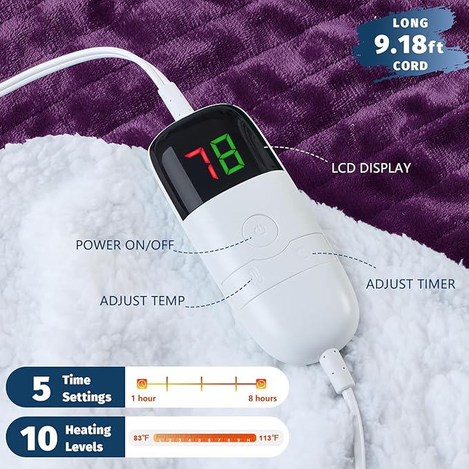 BOMOVA Heated Electric Blanket Full Size - 72" x 84" Heating Blanket with 10 Heating Levels & 8 Hours Auto Off, Warm Flannel Blanket, Christmas Birthday Gifts for Women