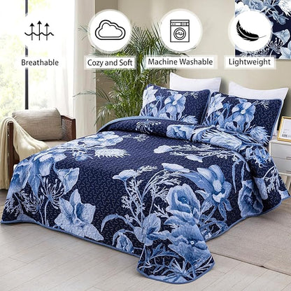 Floral Quilt Set King 3 Pieces Navy Blue Floral Quilt Coverlet Set Soft Microfiber Lightweight Navy Blue Quilted Bedspread for All Season 104"x90"