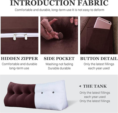 10 lbs Thickened Full Headboard Pillow for Sitting Up in Bed, Back Support Reading Pillow with Side Pocket and Velvet Removable Cover, Triangular Large Wedge Headboard Pillow