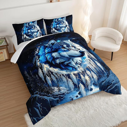 Wild Animal Themed Wolf Comforter Set Full Size,Blue Dream Catcher Snow Scene Bedding Sets for Kids Boys Girls Teens Room Decor,Western Comforter Set with 2 Pillowcases.