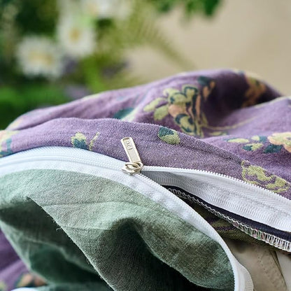 BuLuTu Jacquard Textured Muslin Duvet Cover Set King Size, Vintage Cottage Comforter Cover Purple Floral, Double-Layer Gauze Cotton Quilt Cover with 2 Pillow Cases for All Seasons