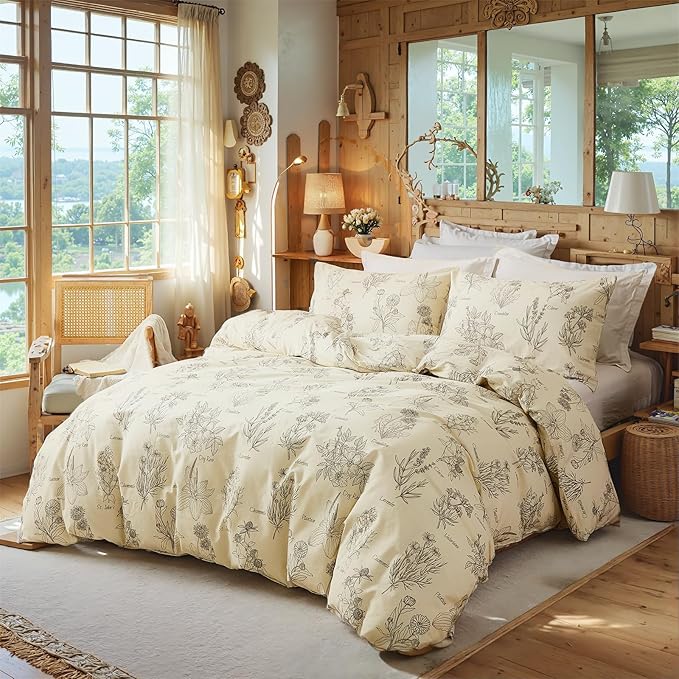 Cozeline 100% Cotton Duvet Cover King Size, Vintage Design with Luxrious Black Sketched Flowers & Leaves on Cream, 3 Pcs Breathable and Soft Duvet Cover for All Season