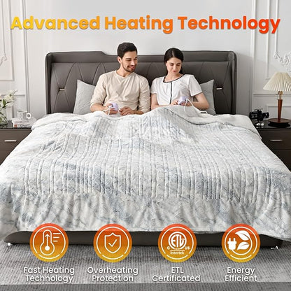 WOOMER Heated Blanket Queen Size Electric Blanket 84"x 90", Faux Fur Fast Heating, 10 Heating Levels & 0.5-12H Auto Off, Dual Control, Over-Heat Protection, ETL Certification