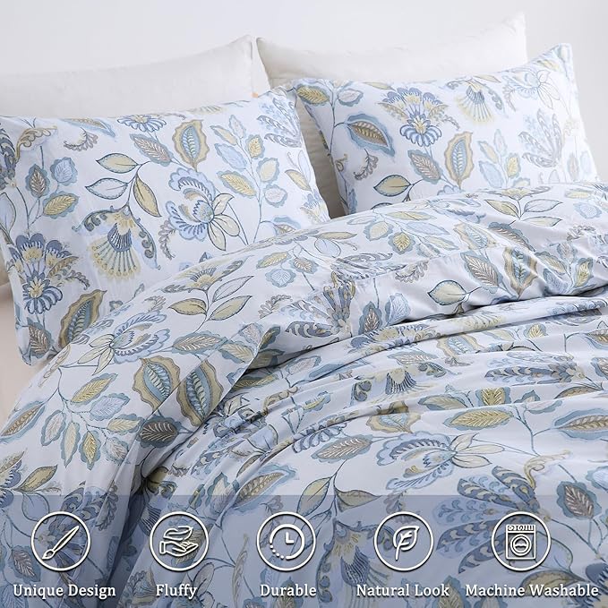 Blue Floral Duvet Cover King Size 100% Cotton Botanical Coquette Comforter Cover 3 Pieces Soft & Breathable French Style Duvet Cover with Zipper Closure