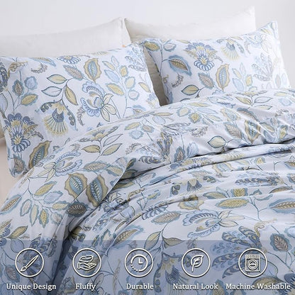Blue Floral Duvet Cover King Size 100% Cotton Botanical Coquette Comforter Cover 3 Pieces Soft & Breathable French Style Duvet Cover with Zipper Closure