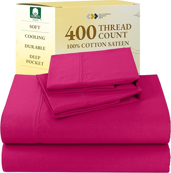 California Design Den Queen Bed Sheets Set - 400 Thread Count Sateen, Natural 100% Cotton Queen Size Sheet Set, Deep Pockets with All Around Elastic, Soft, Durable Bedding - Hot Pink